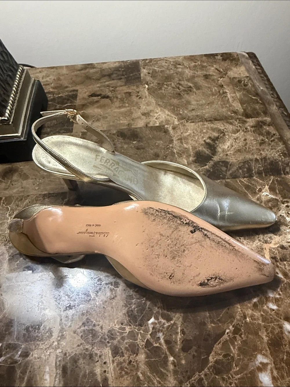 Salvatore Ferragamo Metallic Gold Pointed-Toe Slingback Heels - Picture 6 of 10
